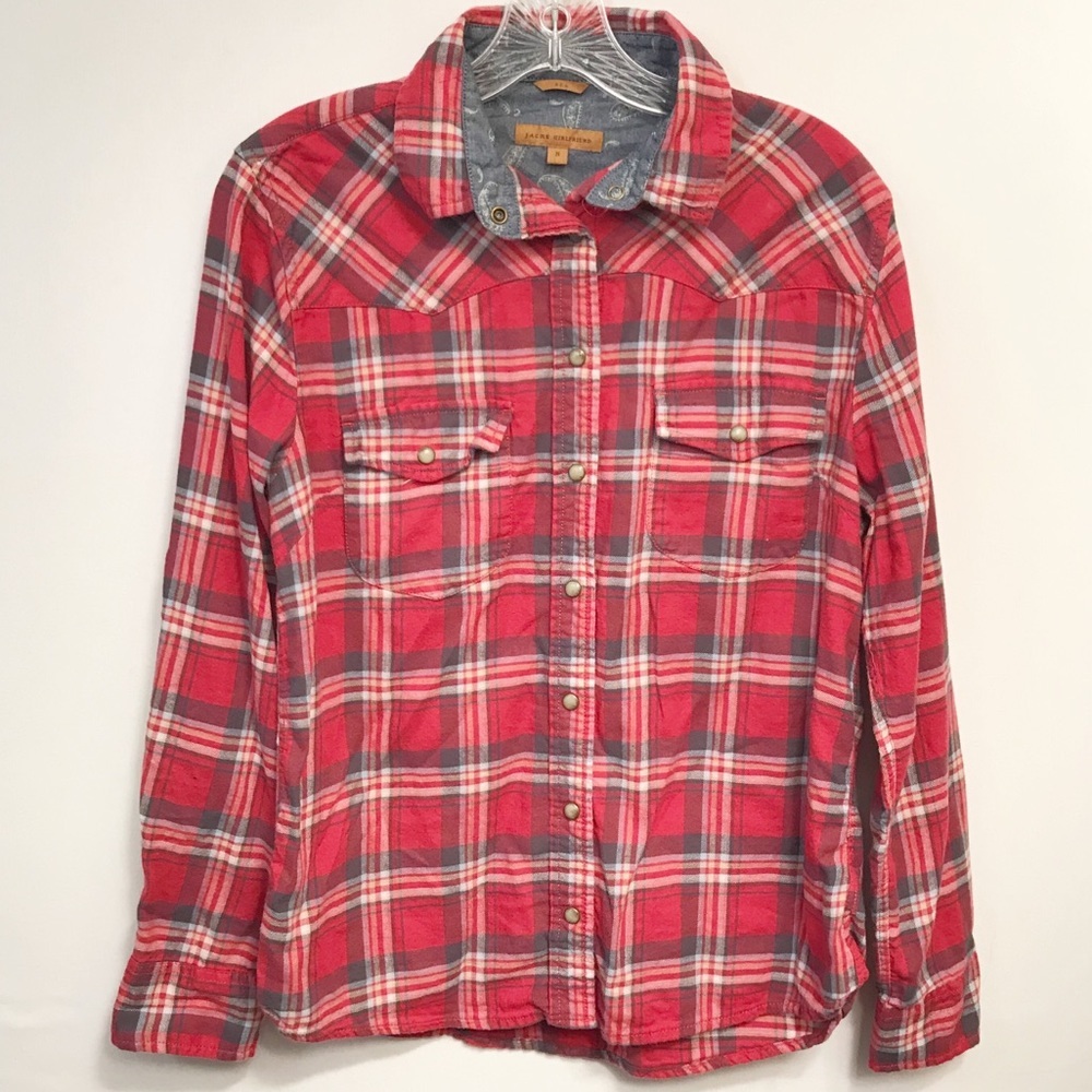 Jacks Girlfriend Womens Bea Pearl Snap Plaid Long Sleeve Button Down Sz Small‎